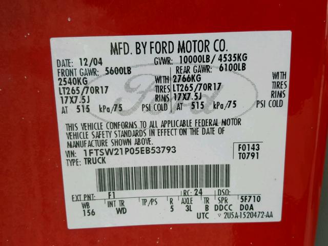 1FTSW21P05EB53793 - 2005 FORD F250 SUPER RED photo 10