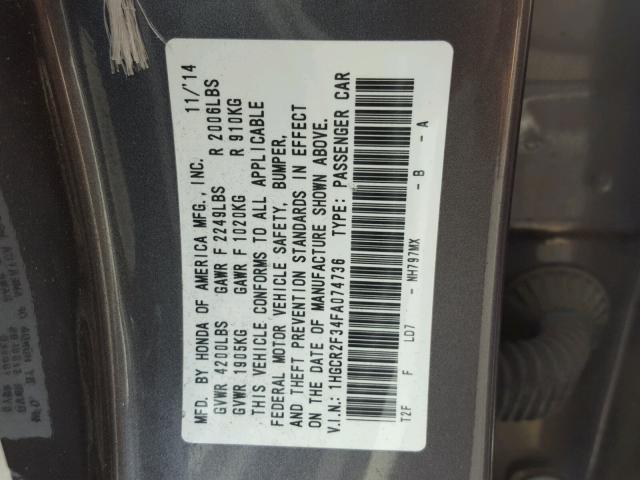 1HGCR2F34FA074736 - 2015 HONDA ACCORD LX GRAY photo 10