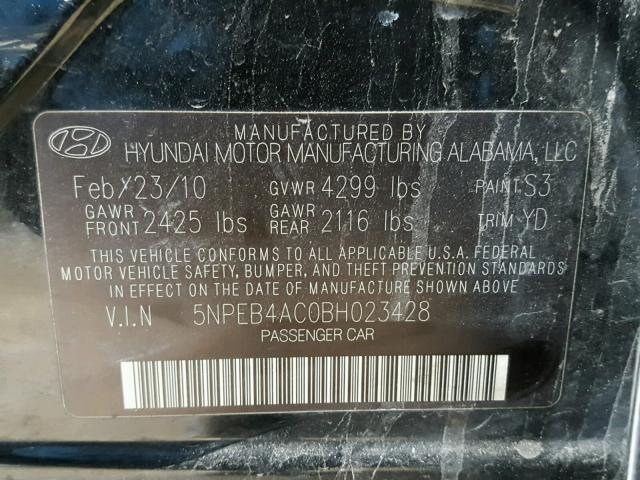 5NPEB4AC0BH023428 - 2011 HYUNDAI SONATA GLS BLACK photo 10