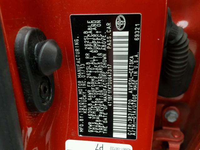 4T1BF1FK7DU647317 - 2013 TOYOTA CAMRY L RED photo 10