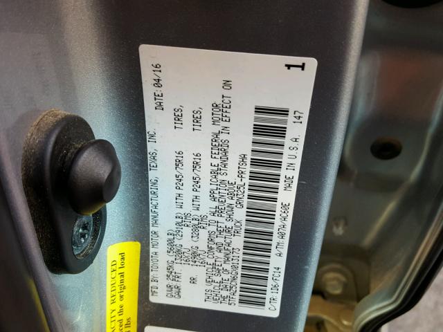 5TFAZ5CN6GX013173 - 2016 TOYOTA TACOMA DOU SILVER photo 10