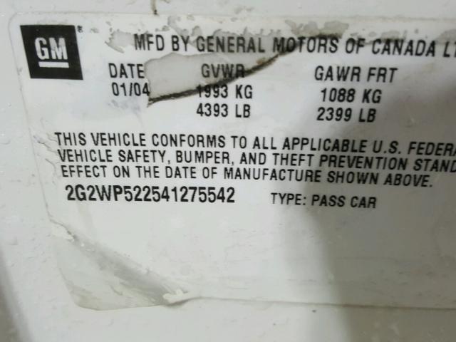 2G2WP522541275542 - 2004 PONTIAC GRAND PRIX WHITE photo 10