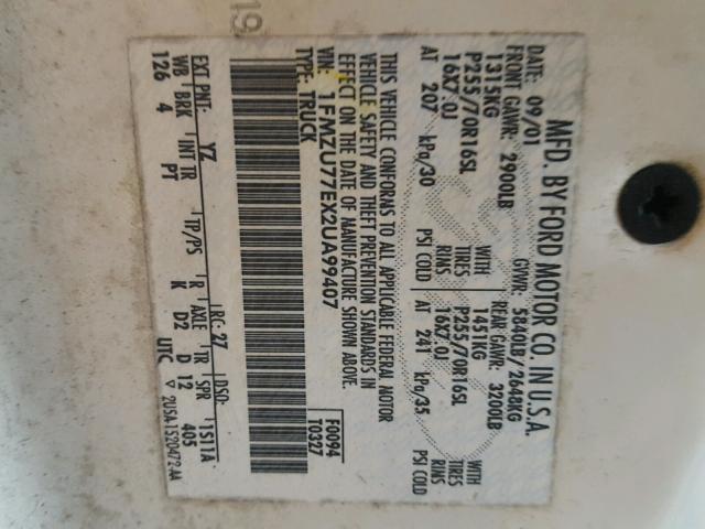 1FMZU77EX2UA99407 - 2002 FORD EXPLORER S WHITE photo 10