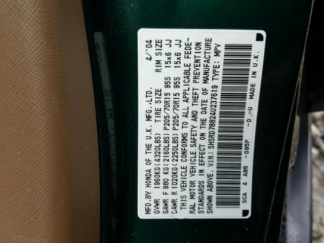 SHSRD78824U237619 - 2004 HONDA CR-V EX GREEN photo 10