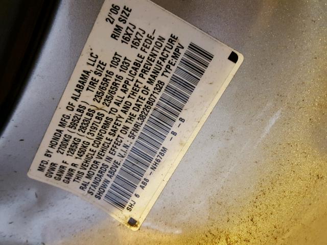 5FNRL38226B071328 - 2006 HONDA ODYSSEY LX SILVER photo 10