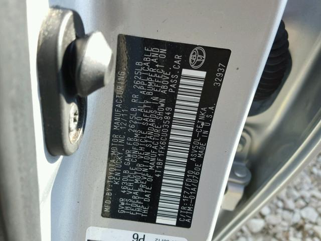 4T1BF1FK6CU035849 - 2012 TOYOTA CAMRY BASE SILVER photo 10