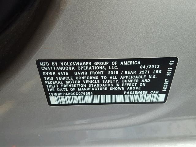 1VWBP7A39CC076354 - 2012 VOLKSWAGEN PASSAT SE GRAY photo 10