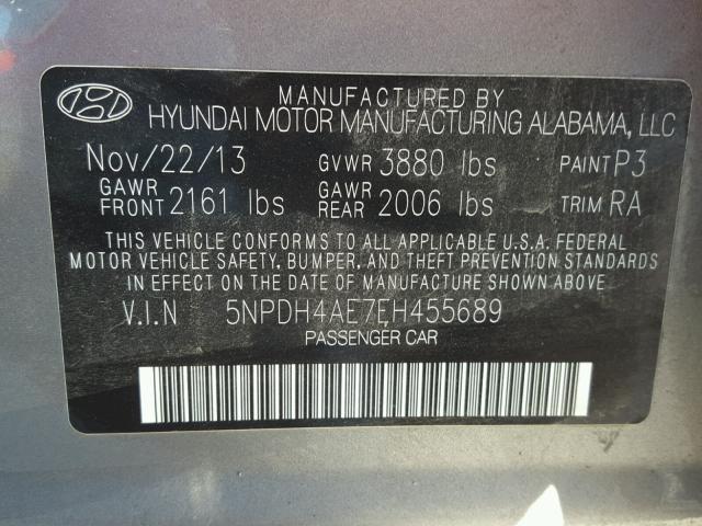 5NPDH4AE7EH455689 - 2014 HYUNDAI ELANTRA SE GRAY photo 10