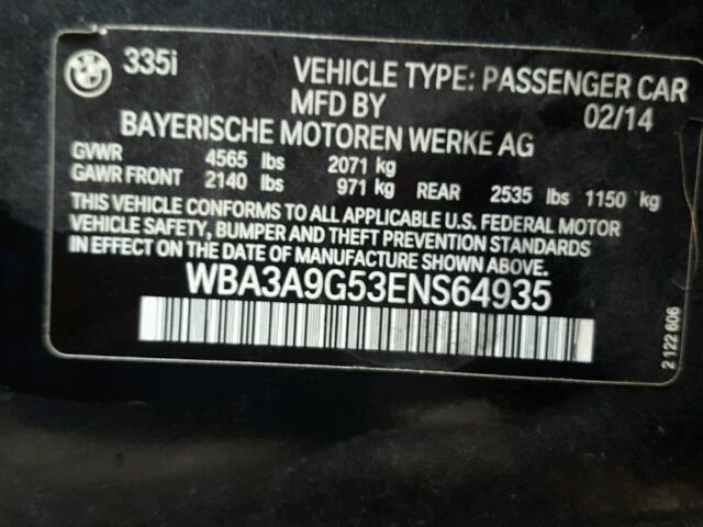 WBA3A9G53ENS64935 - 2014 BMW 335 I BLACK photo 10