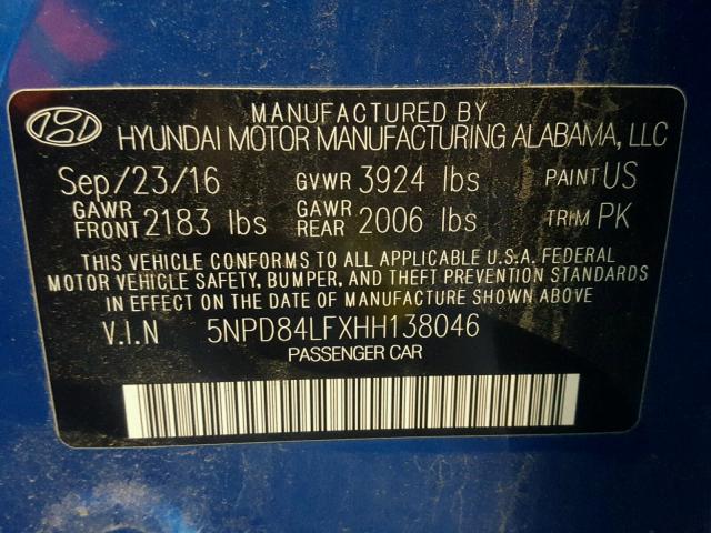 5NPD84LFXHH138046 - 2017 HYUNDAI ELANTRA SE BLUE photo 10