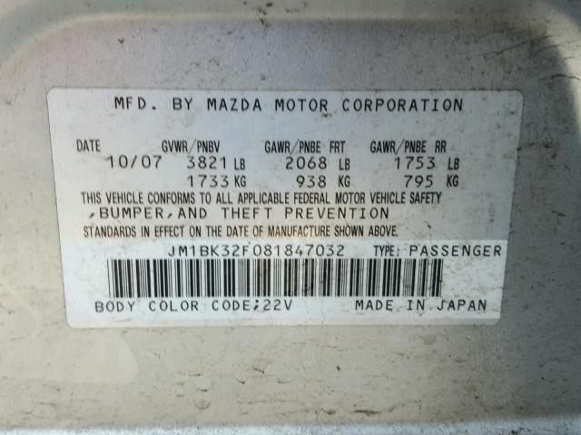 JM1BK32F081847032 - 2008 MAZDA 3 I SILVER photo 10