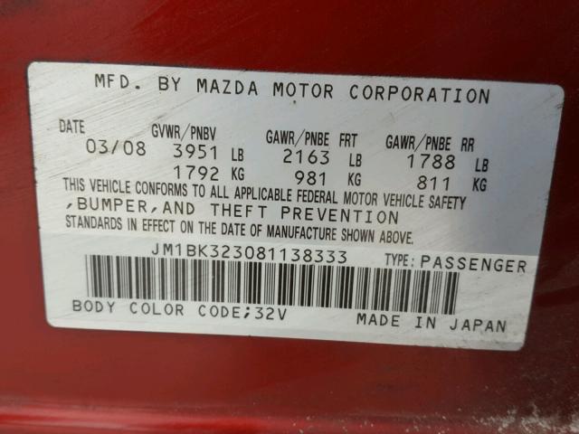 JM1BK323081138333 - 2008 MAZDA 3 S RED photo 10