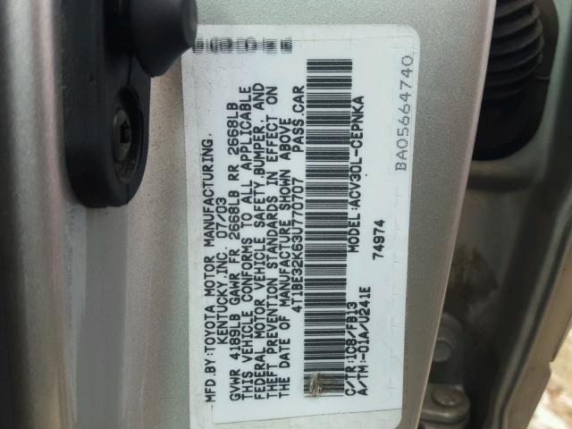 4T1BE32K63U770707 - 2003 TOYOTA CAMRY LE SILVER photo 10