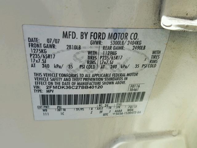 2FMDK36C27BB40120 - 2007 FORD EDGE SE TAN photo 10