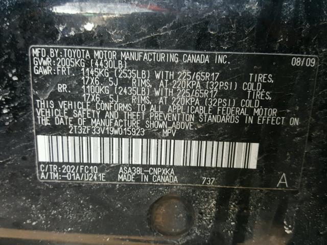 2T3ZF33V19W015923 - 2009 TOYOTA RAV4 BLACK photo 10