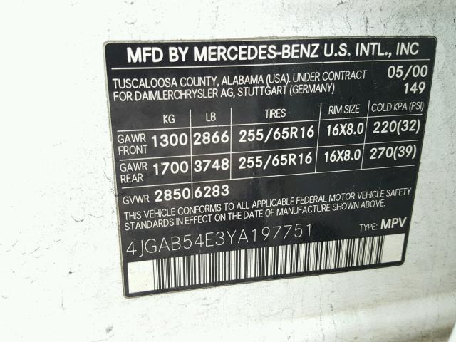 4JGAB54E3YA197751 - 2000 MERCEDES-BENZ ML 320 WHITE photo 10