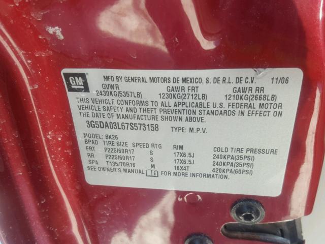 3G5DA03L67S573158 - 2007 BUICK RENDEZVOUS RED photo 10