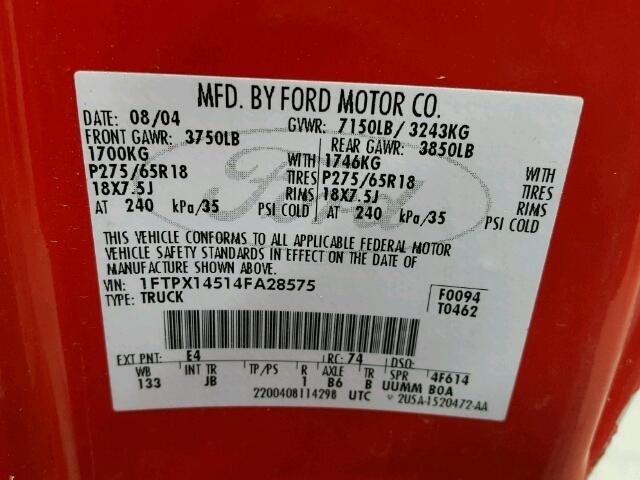 1FTPX14514FA28575 - 2004 FORD F150 RED photo 10