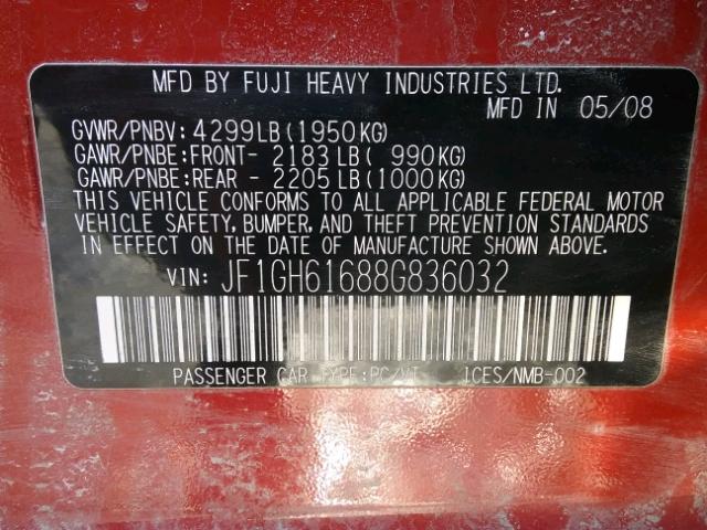 JF1GH61688G836032 - 2008 SUBARU IMPREZA 2. RED photo 10