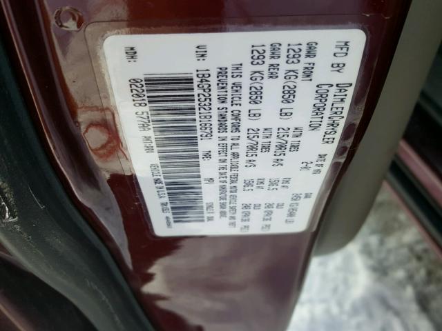 1B4GP25321B166791 - 2001 DODGE CARAVAN SE MAROON photo 10