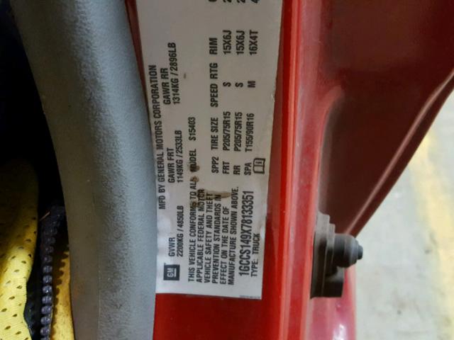 1GCCS149X78133351 - 2007 CHEVROLET COLORADO RED photo 10