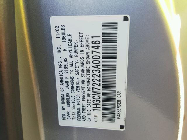 1HGCM72223A007461 - 2003 HONDA ACCORD LX SILVER photo 10