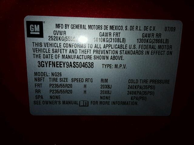 3GYFNEEY9AS504638 - 2010 CADILLAC SRX PERFOR 红色 照片 10