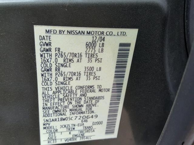 5N1AR18W05C720649 - 2005 NISSAN PATHFINDER GREEN photo 10