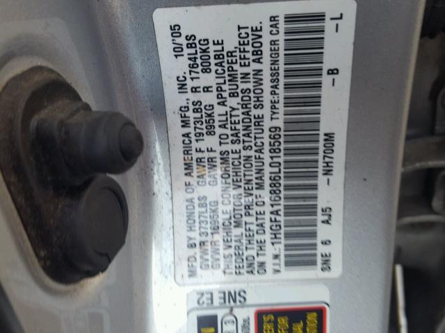 1HGFA16886L018569 - 2006 HONDA CIVIC EX SILVER photo 10