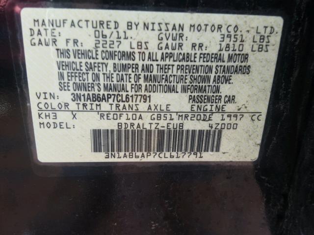 3N1AB6AP7CL617791 - 2012 NISSAN SENTRA 2.0 BLACK photo 10