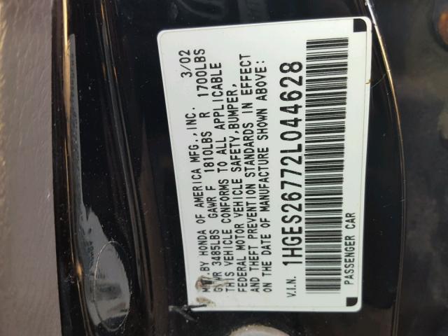 1HGES26772L044628 - 2002 HONDA CIVIC EX BLACK photo 10