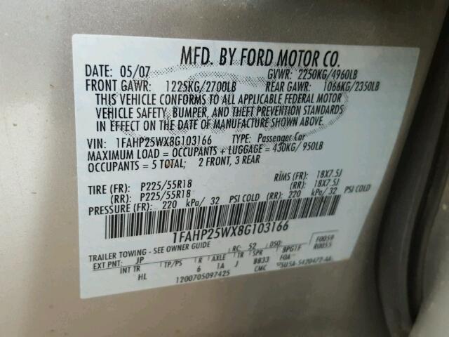 1FAHP25WX8G103166 - 2008 FORD TAURUS LIM GRAY photo 10