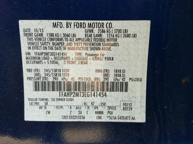 1FAHP2MT3EG141454 - 2014 FORD TAURUS POL BLUE photo 10