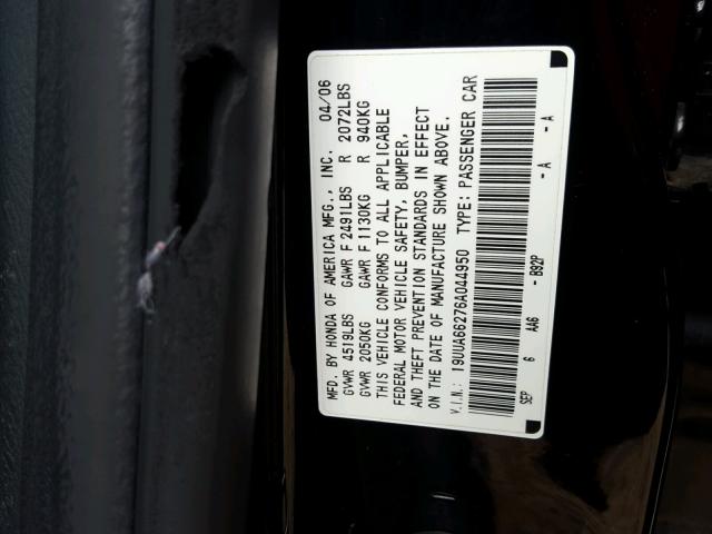 19UUA66276A044950 - 2006 ACURA 3.2TL BLACK photo 10