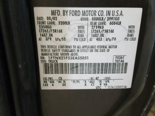 1FTNX21F53EA55051 - 2003 FORD F250 SUPER GRAY photo 10