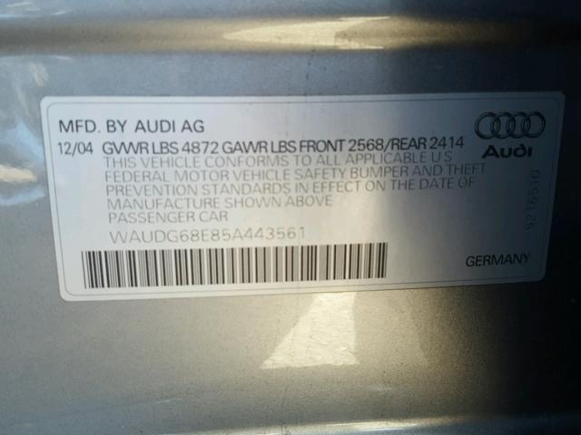 WAUDG68E85A443561 - 2005 AUDI A4 3.2 QUA GRAY photo 10