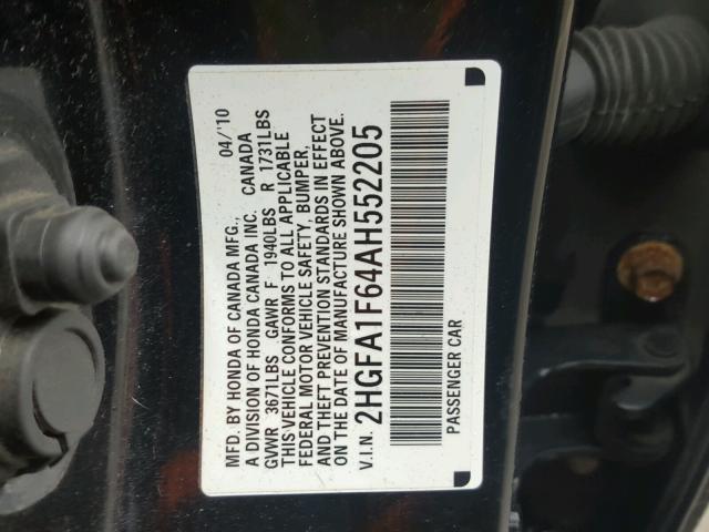 2HGFA1F64AH552205 - 2010 HONDA CIVIC BLACK photo 10