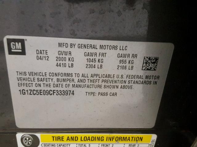 1G1ZC5E09CF333974 - 2012 CHEVROLET MALIBU 1LT GRAY photo 10