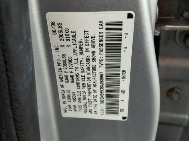 1HGCM65536A068967 - 2006 HONDA ACCORD EX SILVER photo 10