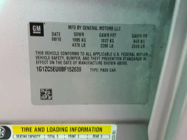 1G1ZC5EU8BF152639 - 2011 CHEVROLET MALIBU 1LT 银色 照片 10