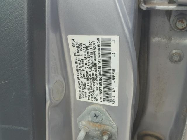 1HGES16335L004235 - 2005 HONDA CIVIC DX V SILVER photo 10