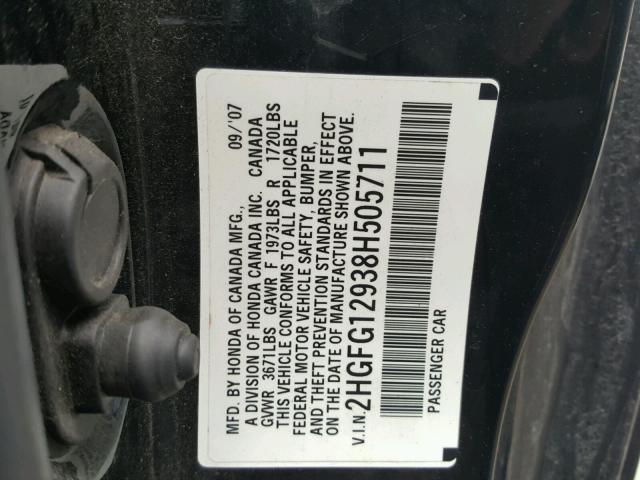 2HGFG12938H505711 - 2008 HONDA CIVIC EXL 黑色 照片 10