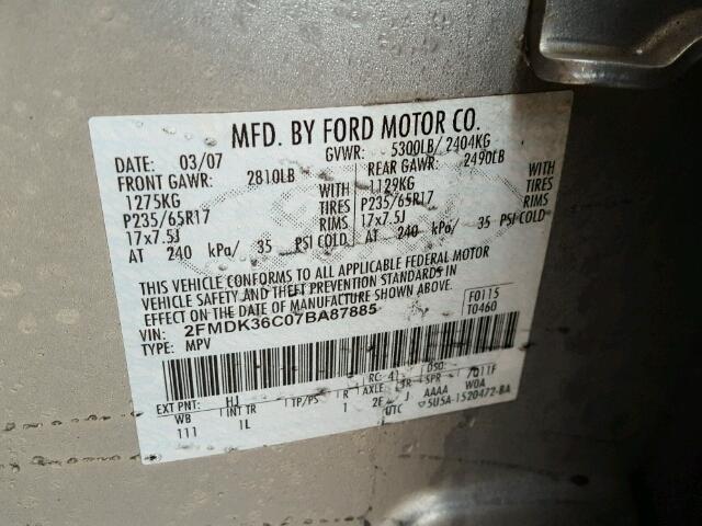 2FMDK36C07BA87885 - 2007 FORD EDGE SE SILVER photo 10