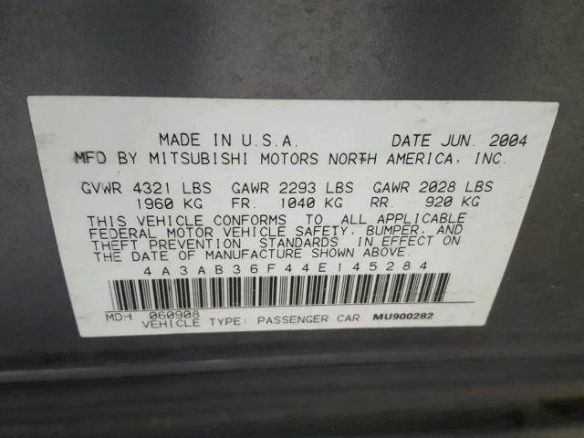 4A3AB36F44E145284 - 2004 MITSUBISHI GALANT ES GRAY photo 10