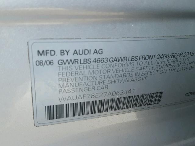 WAUAF78E27A063341 - 2007 AUDI A4 2 SILVER photo 10