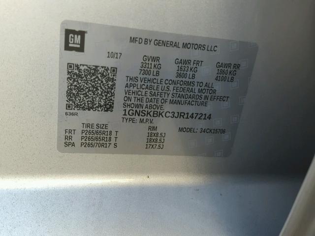 1GNSKBKC3JR147214 - 2018 CHEVROLET TAHOE K150 SILVER photo 10