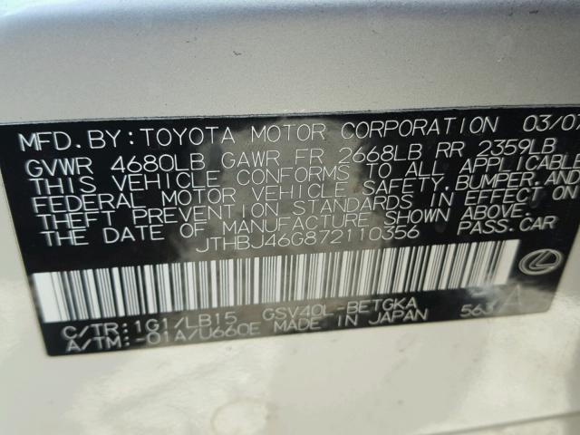 JTHBJ46G872110356 - 2007 LEXUS ES 350 SILVER photo 10