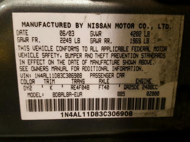 1N4AL11D83C306908 - 2003 NISSAN ALTIMA BAS GREEN photo 10