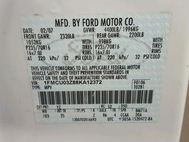 1FMCU03Z88KA12372 - 2008 FORD ESCAPE XLT BEIGE photo 10