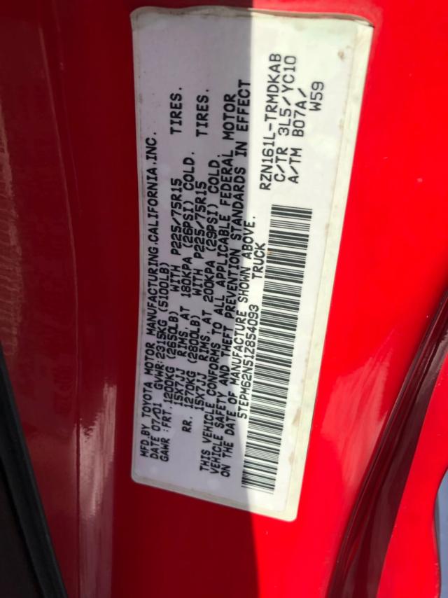 5TEPM62N51Z854093 - 2001 TOYOTA TACOMA RED photo 10